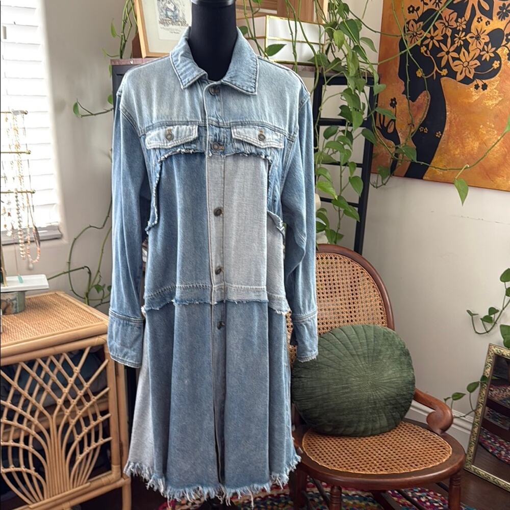 Free People We The Free Blue Patchwork Denim Frayed Hem Button Up Duster Coat